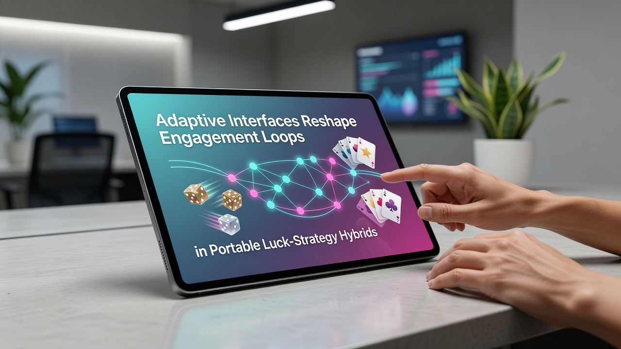 Mobile device displaying adaptive interface elements in a luck-strategy hybrid game with dynamic strategy prompts and engagement metrics