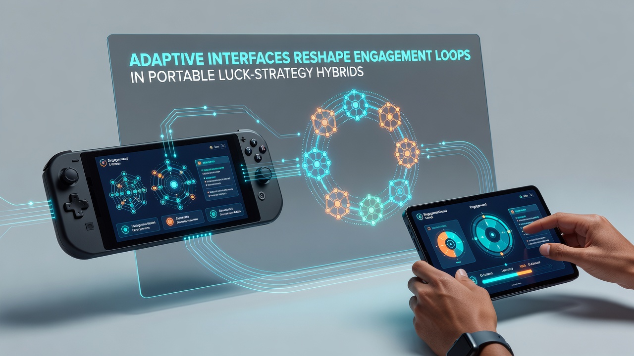 Close-up of portable screen showing evolving engagement loop indicators and strategy adaptation prompts in a hybrid game