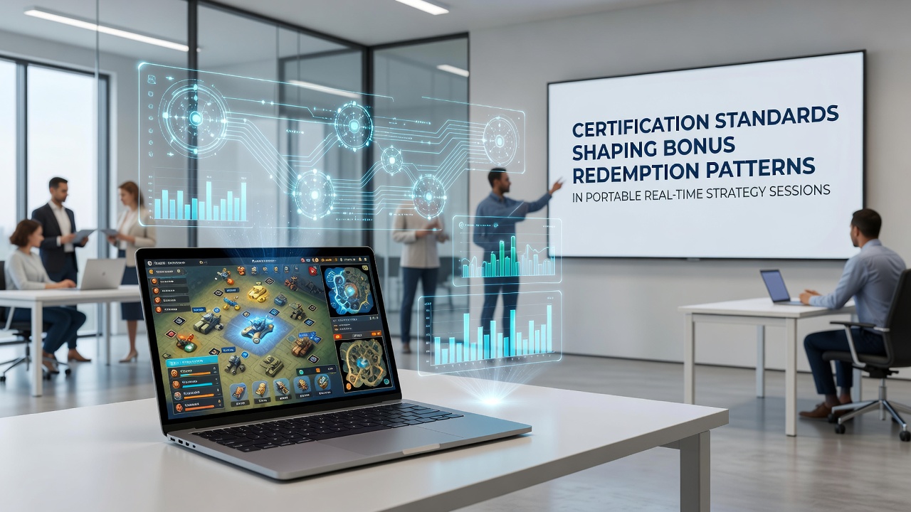 Certification badge and compliance checklist overlaid on a tablet screen showing real-time strategy gameplay with bonus indicators