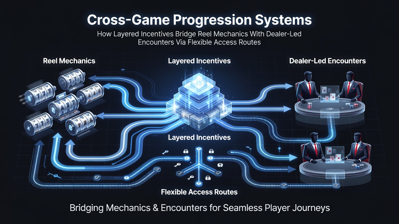 Illustration of cross-game progression systems connecting slot reels and live dealer tables through incentive layers