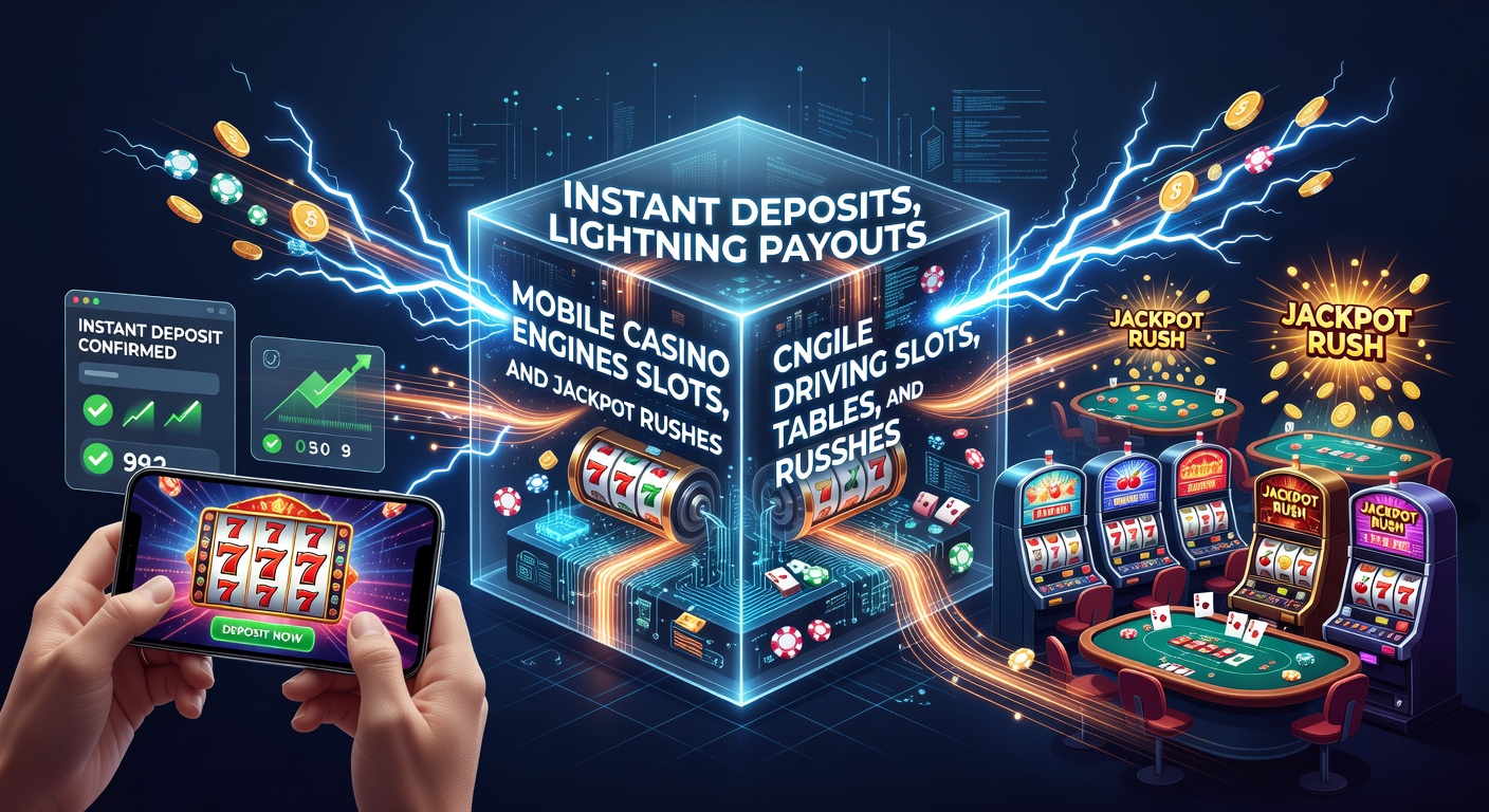 Mobile casino interface showing instant deposit confirmation and a spinning slot reel with jackpot lights flashing in the background