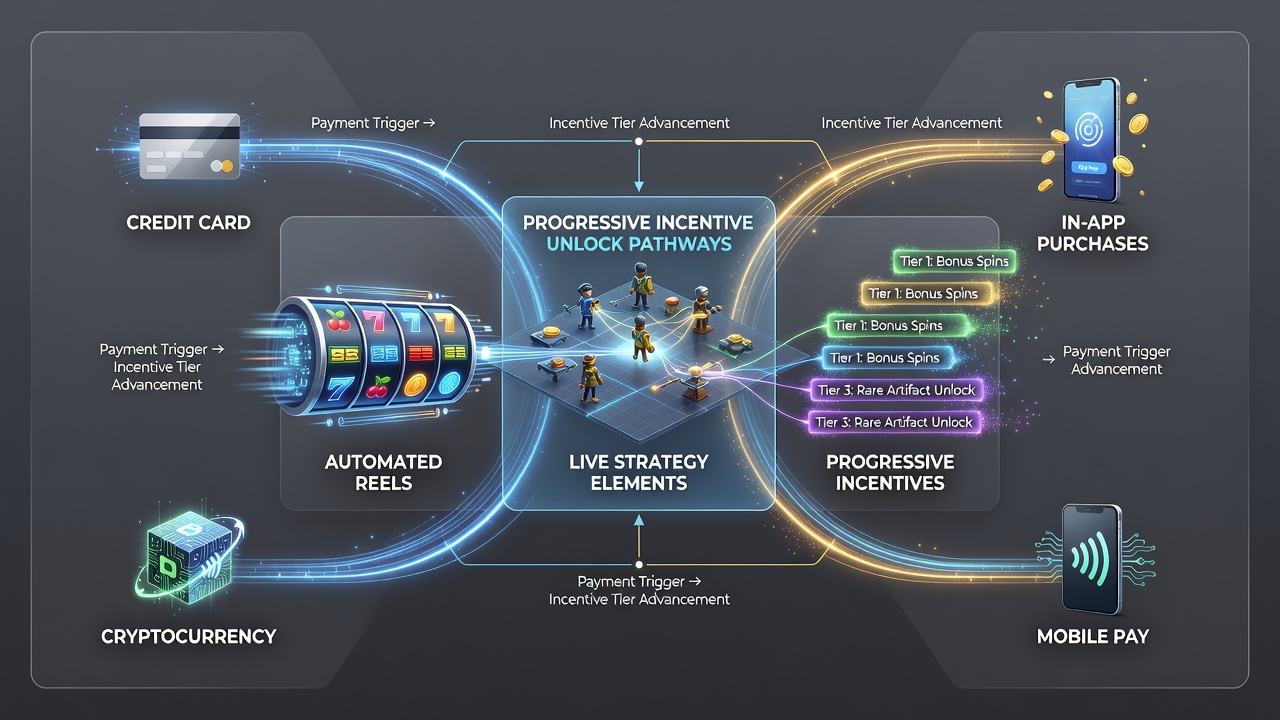 Mobile gaming interface showing automated reels alongside live strategy gameplay with payment options highlighted