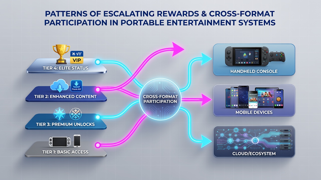 Infographic showing user flow between reward tiers and multiple portable device types