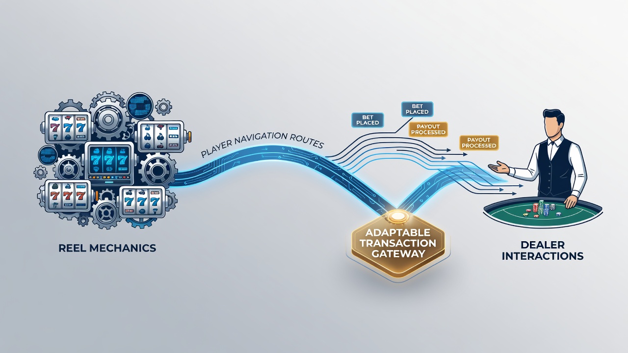 Diagram of adaptable transaction gateways connecting mobile reel games to live dealer interactions