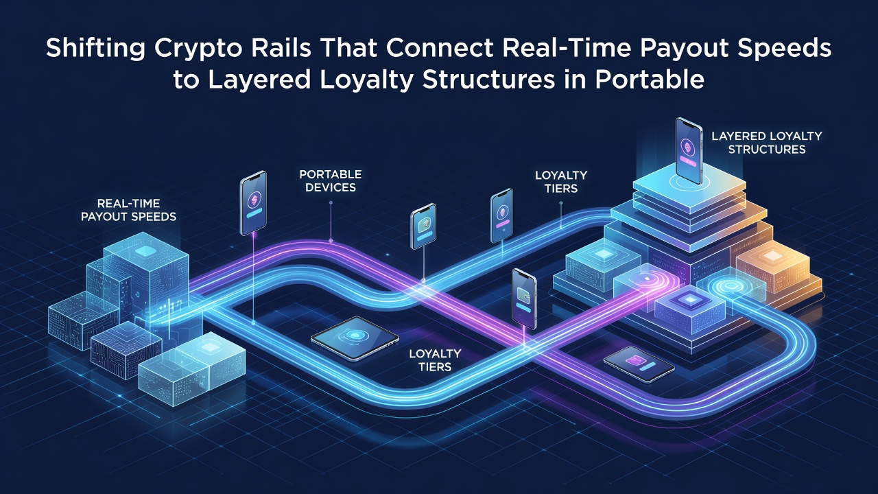 Mobile device displaying layered loyalty dashboard connected to crypto payout flow
