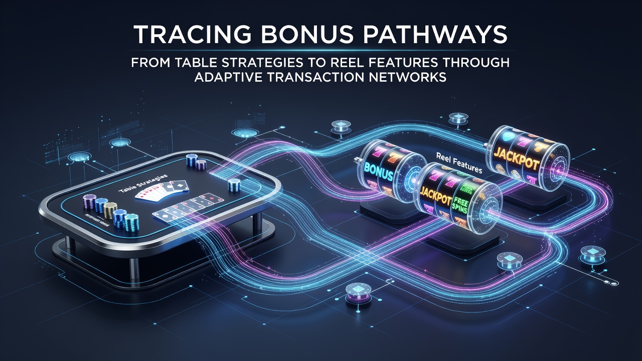 Illustration of adaptive transaction network routing bonuses from table games to slot reel features
